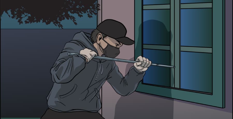 Illustration of burglar forcing entry through a window in Santa Fe